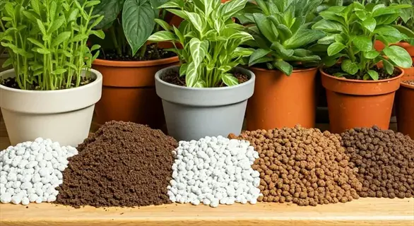 assortment of potting materials including peat pellet expanded, garden soil, and clay pellets with potted houseplants in background