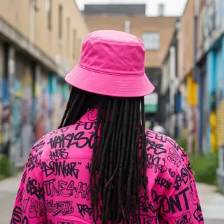 back view of a person wearing a vibrant pink bucket hat street style, graffiti-covered jacket, and dreadlocks in an urban alley with murals