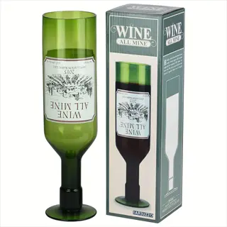 barbuzzo novelty upside down wine bottle drinking glass (labeled 'wine all mine 2015') with product packaging; contrasts decorative barware with functional irrigation systems