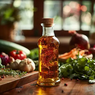 basil oil infusion in glass bottle with cork, surrounded by fresh vegetables and herbs on kitchen counter