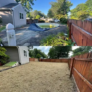 before and after clearing garden site, removing pool and existing vegetation for landscaping