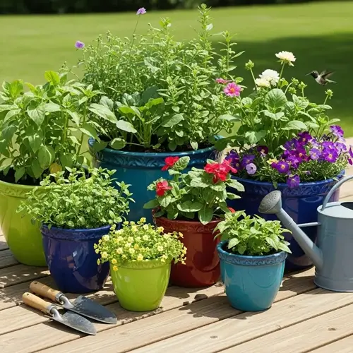 beginner-friendly container garden: colorful pots with flowering plants, trowels and watering can on wooden deck