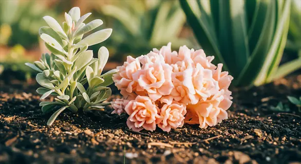 biochar garden amendment soil with a silvery-green succulent and pink flowering cluster in a sunny garden
