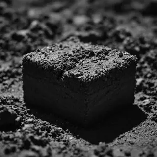 black and white close-up of a rectangular block of worm castings soil on a textured dark soil background