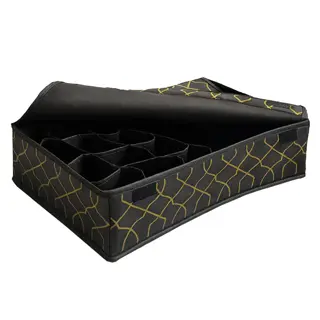 black fabric seed drawer organizer with gold geometric pattern, lidded compartment box featuring multiple seed storage sections