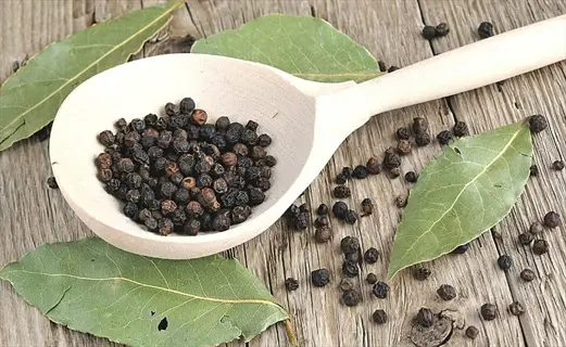 black peppercorns in a wooden spoon bowl with fresh bay leaves on rustic wooden surface
