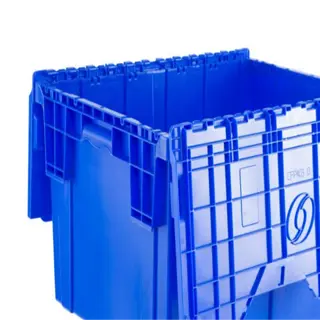 blue plastic storage bin with an attached hinged lid
