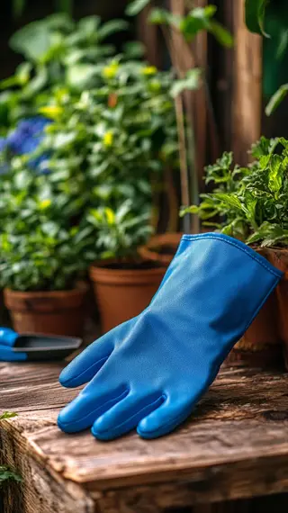 blue rose pruning gauntlet glove on wooden bench amid potted plants and gardening tools in a lush garden