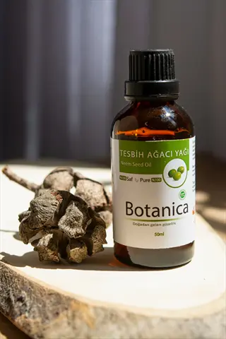 botanica neem oil bottle with dried neem seeds on a wooden surface