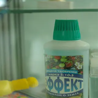 bottle of liquid fertilizer with a green cap and label showing fruits and vegetables