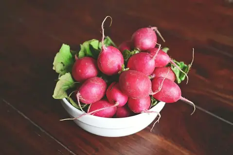 bowl of fresh china rose radishes with vibrant pink-red skin and green leaves on a wooden table