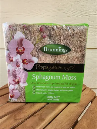 brunnings 500g peat moss bag (labeled as sphagnum moss) with orchid graphics, on a wooden surface against a light wall