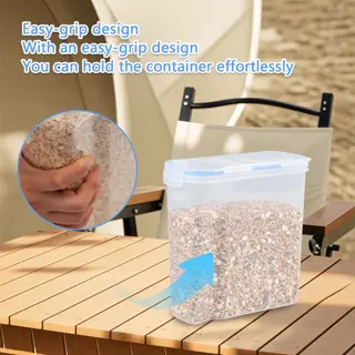 clear plastic airtight seed storage bin with blue lid holding grains, featuring easy-grip design on outdoor table