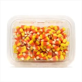 clear plastic container filled with colorful candy corn pieces