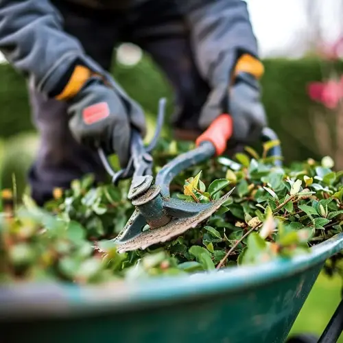 close-up of gloved hands pruning a rose bush in a wheelbarrow with gardening shears, pink flowers in background
