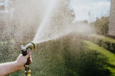 close-up of hand holding garden hose spraying plants with water mist in sunlit garden