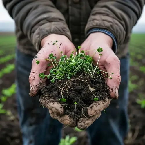 close-up of weathered hands holding organic garden soil with sprouting seedlings