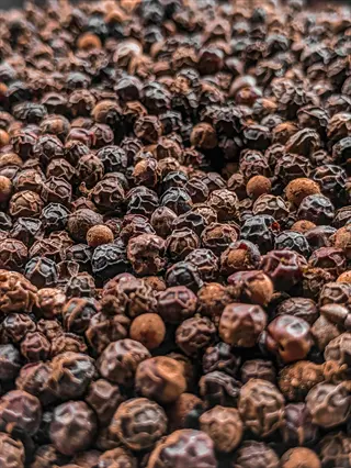 close-up of whole black peppercorns piled on a dark surface - black peppercorns pile showcasing wrinkled dark brown spheres