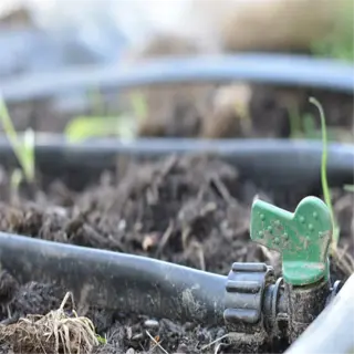 close-up view of a drip irrigation setup with black tubing and green valves in a garden bed