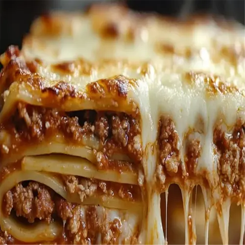 closeup of melted cheese on lasagna garden layers