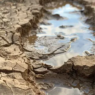 closeup of water pooling in a cracked, dry soil footprint