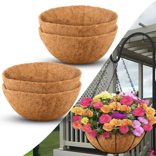 coco coir hanging basket liners (left) paired with a fully planted hanging basket featuring vibrant flowers in a garden setting - showcasing both the product and finished hanging basket liners garden display