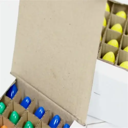 colorful bulbs stored in individual compartments of a cardboard box