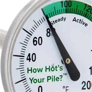 compost thermometer probe with temperature reading and 'how hot's your pile?' text