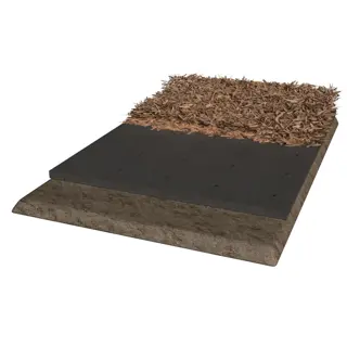 cross-section of garden layers: brown straw mulch (top), dark smooth layer of black plastic mulch (middle), and compacted soil base (bottom)