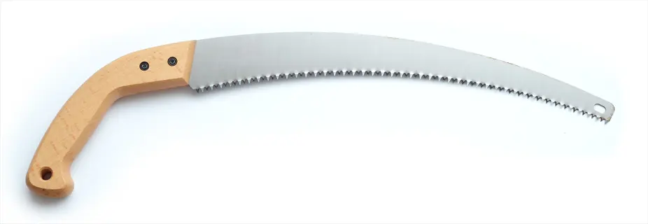 curved pruning saw with wooden handle and sharp serrated blade isolated on white background