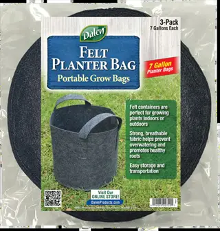 dalen 3-pack felt planter bags (fabric pouch planters) in retail packaging with product description and gardening instructions