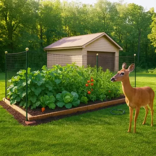 deer repellent garden with protective fencing around vegetable beds (tomatoes, greens), deer standing nearby in a sunny backyard