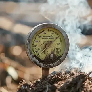 dial soil thermometer in compost with smoke