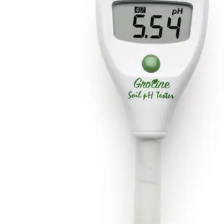 digital soil ph tester displaying a ph level of 5.54, with a green button and tip