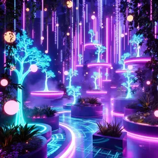 dreamy futuristic garden with basil thriving under vibrant fluorescent lighting, featuring glowing neon trees and plants on tiered platforms