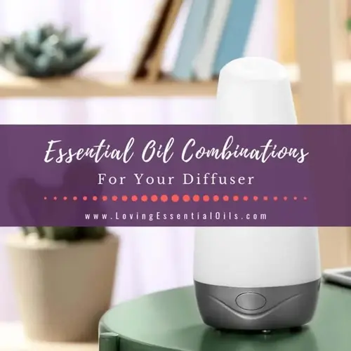 essential oil diffuser (humidifier) on table with lush indoor plants background. text overlay: 'essential oil combinations for your diffuser' | www.lovingessentialoils.com