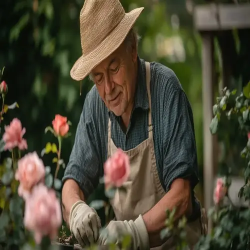 experienced gardener pruning rose bushes in a lush garden, wearing straw hat and protective gloves