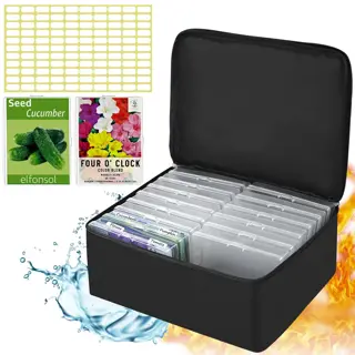 fabric seed storage bin with zippered closure holds organized seed packets, featuring fire/water resilience graphics and labeling sheets