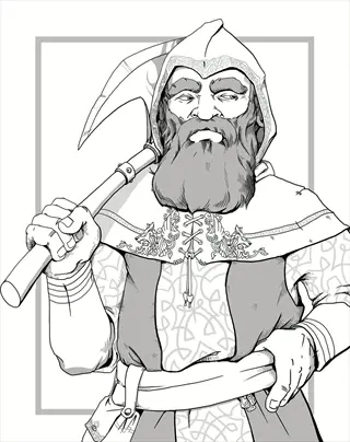 fantasy dwarf character in hooded cloak holding pickaxe, wearing ornate armor with celtic knot patterns in black-and-white line art style