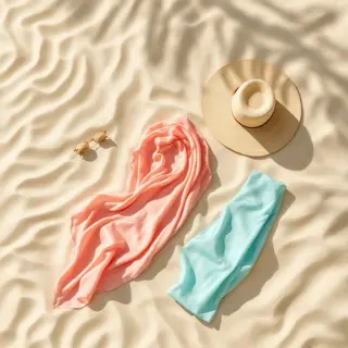 flat lay of travel sun hat packing essentials: wide-brim straw hat, pink and teal scarves, sunglasses on rippled sand under sunlight