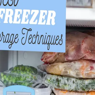 freezer techniques text overlay on an image of a freezer filled with frozen vegetables and meat in plastic bags