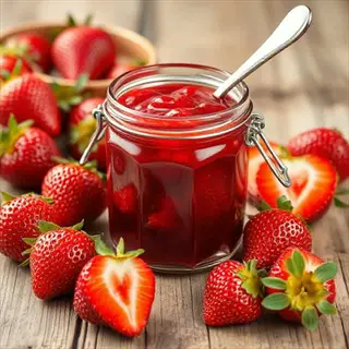 fresh earliglow strawberry harvest with preserves jar - vibrant red berries on rustic wooden table