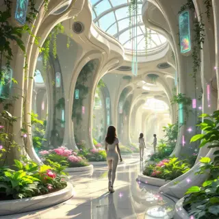 futuristic greenhouse with lettuce under fluorescent grow lights, lush plants, and people walking along sunlit pathways