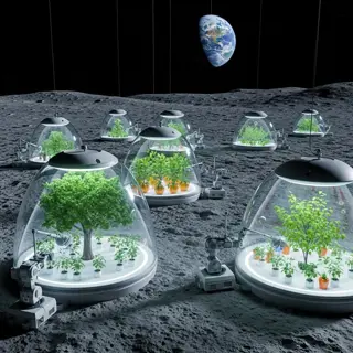 futuristic mountain terrarium solution: glass domes on the lunar surface house thriving plants under artificial light, with earth visible in the starry sky. (concept: glass terrarium plants in extreme environments)