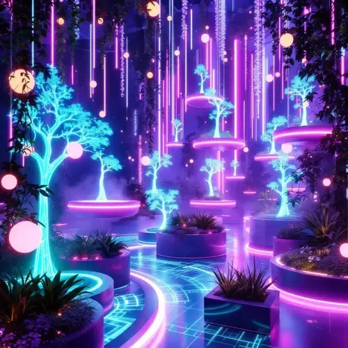futuristic neon-lit garden with fluorescent grow lights illuminating glowing trees and diverse plants in a vibrant, dreamy setting