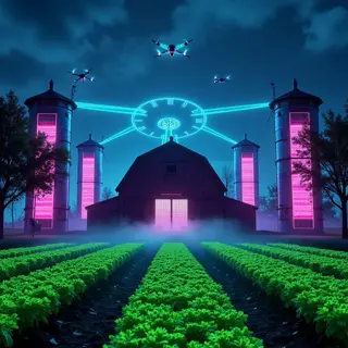 futuristic night farm with tomato seedlings thriving under neon pink grow lights, featuring glowing barn, illuminated silos and drone network above lush crop rows
