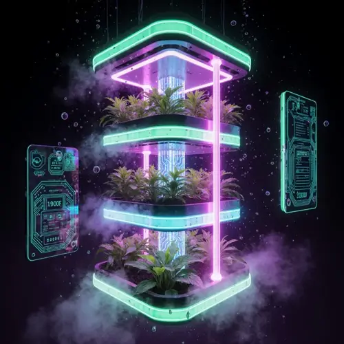 futuristic vertical hydroponic farm with glowing led grow lights nurturing plants, surrounded by digital control panels in neon-purple atmosphere