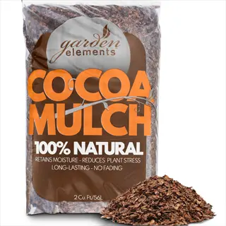 garden elements branded cocoa shell mulch bag with 'cocoa mulch 100% natural' text and loose sample pile, highlighting moisture retention and garden benefits