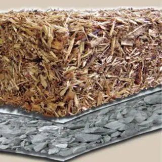 garden soil cross-section: top wood chip mulch layer, middle woven landscape fabric, and bottom gravel base with drainage. no text, people, or faces present