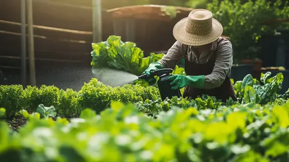 gardener applying neem oil garden treatment spray to lush green plants